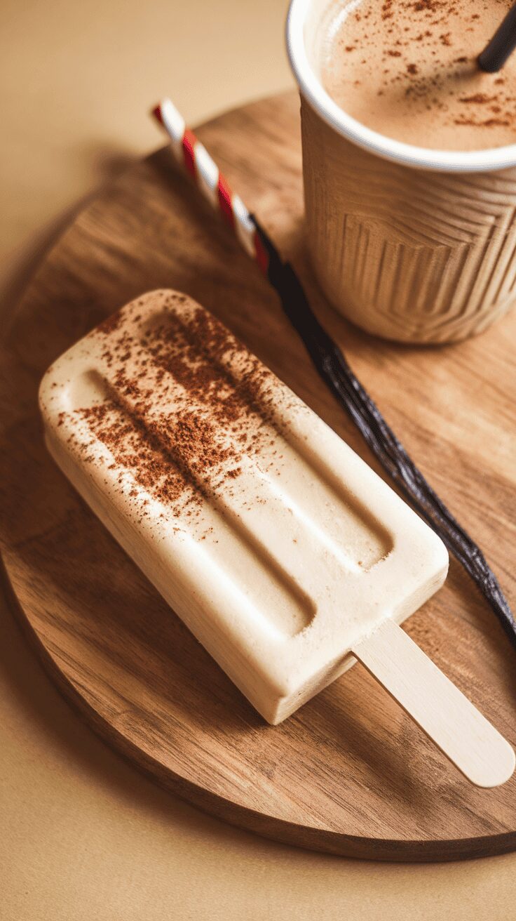 Vanilla latte popsicle on a wooden plate with a cup of coffee and vanilla bean.
