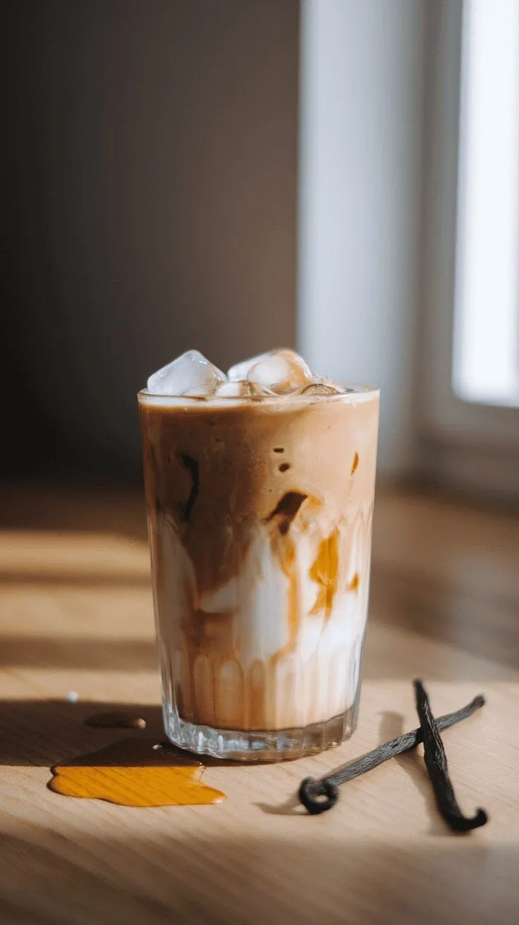 A glass of iced vanilla maple protein coffee with ice cubes and vanilla beans beside it.