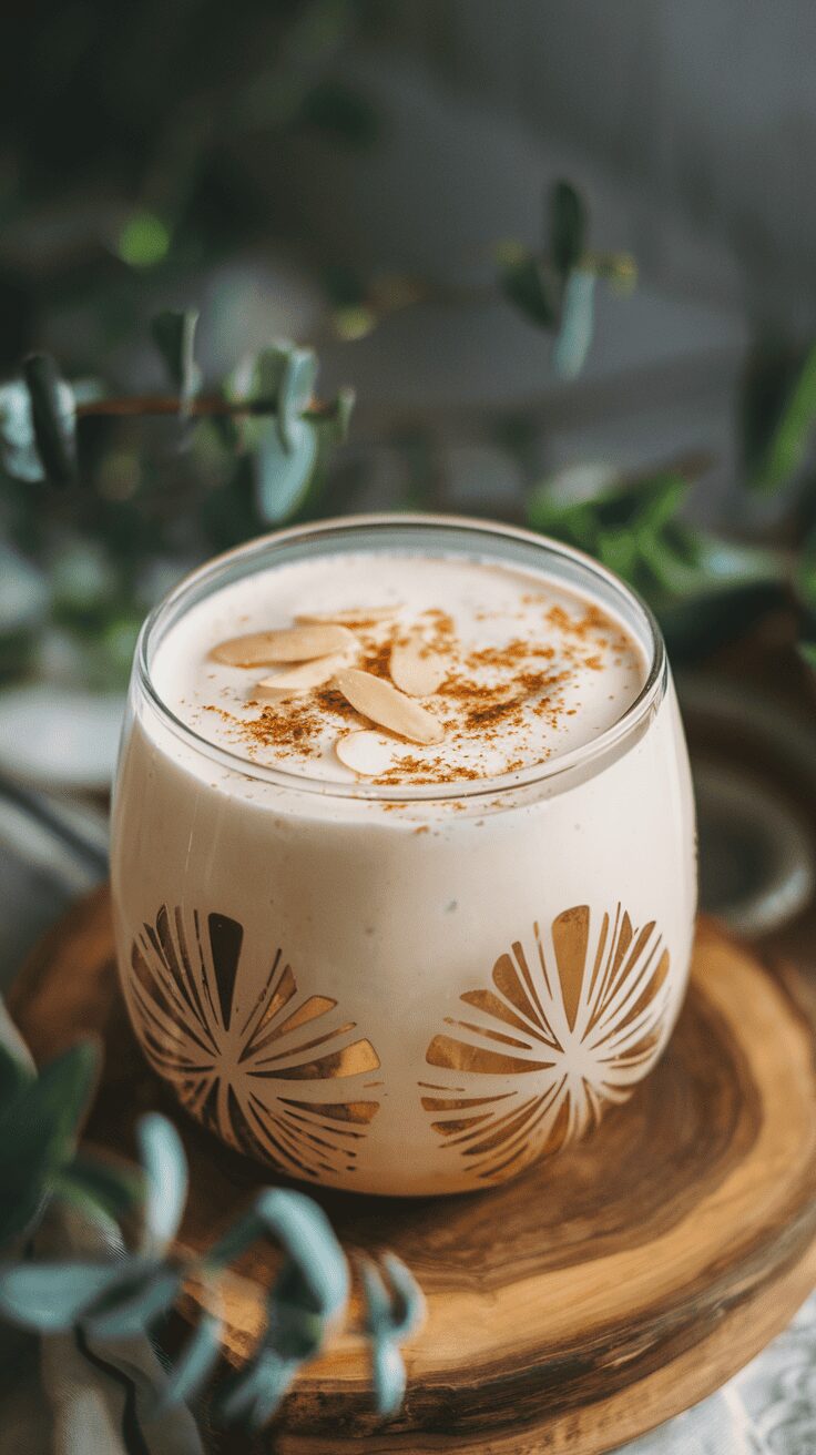 A glass of vegan almond eggnog with almond slices and sprinkled cinnamon on top, placed on a wooden surface surrounded by greenery.