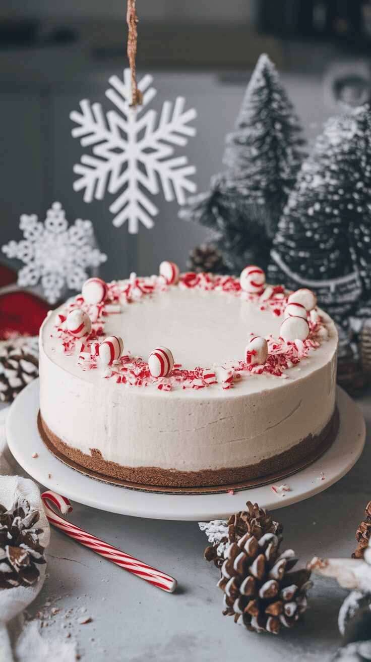 A festive white chocolate peppermint cheesecake decorated with candy canes and surrounded by pinecones and snowflakes.