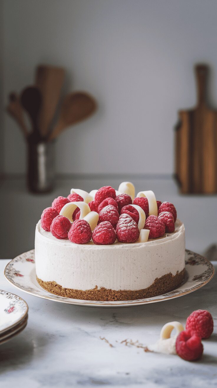 A delicious white chocolate raspberry cheesecake topped with fresh raspberries and chocolate curls on a decorative plate.
