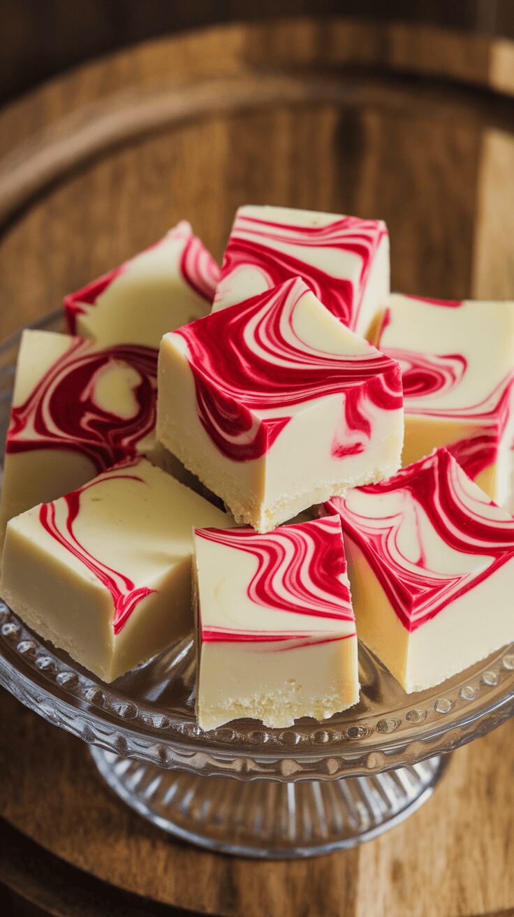 A plate of white chocolate raspberry fudge with a vibrant red swirl on top.