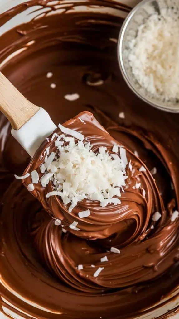 A super close-up shot of shredded coconut being stirred into melted chocolate with a spatula