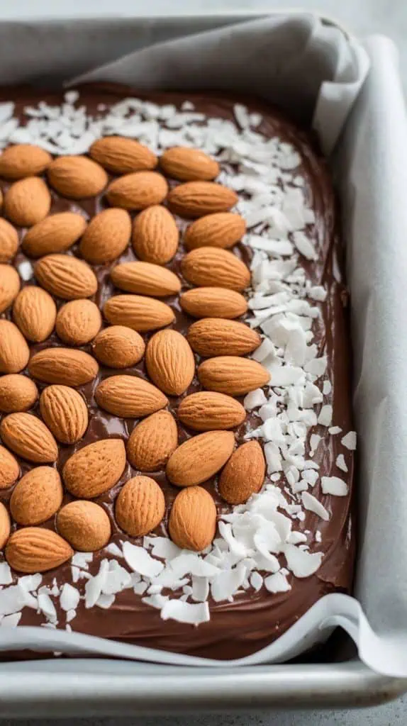 A super close-up shot of whole almonds being pressed into the top of the fudge,