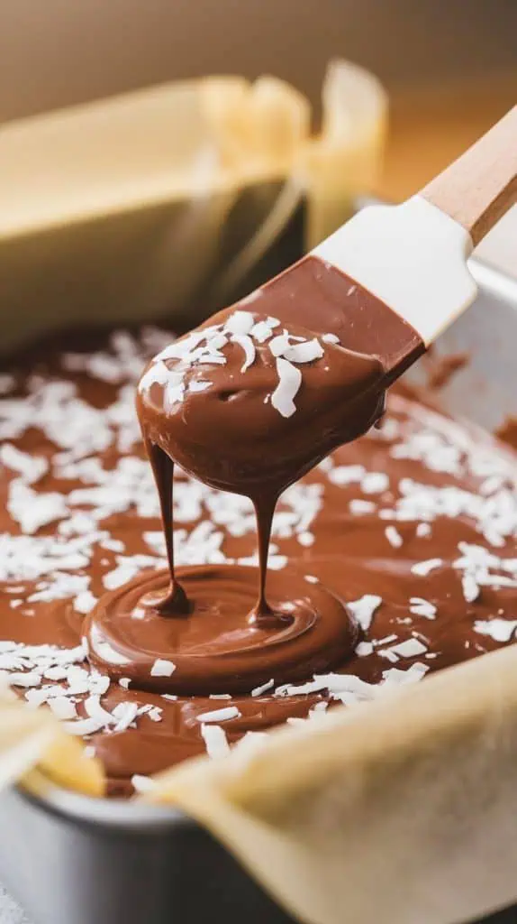 A super close-up shot of a spatula spreading thick chocolate fudge into a parchment-lined baking dish