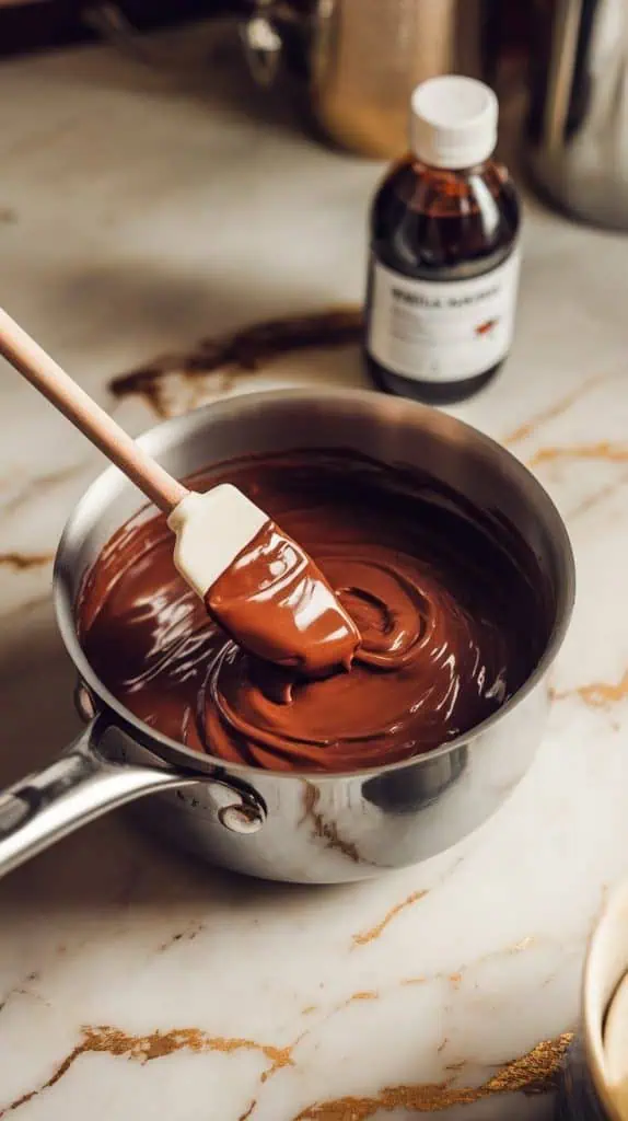A super close-up shot of a spatula stirring melted chocolate and sweetened condensed milk in a saucepan