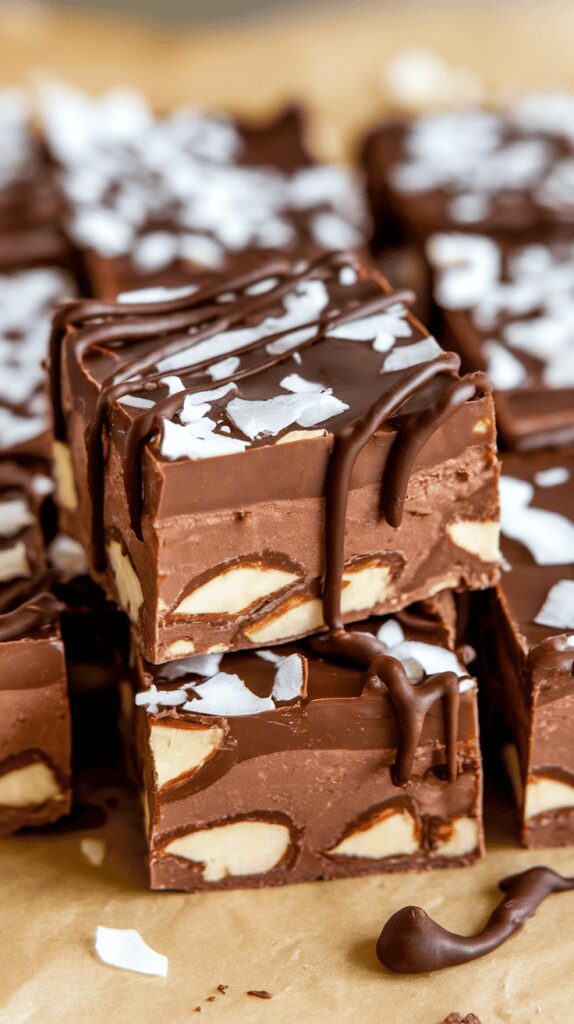 A super close-up shot of Almond Joy Fudge squares stacked on parchment paper, drizzled with melted chocolate and topped with coconut flakes