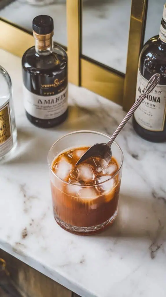 A bar spoon stirring vodka, coffee liqueur, and almond liqueur in a clear mixing glass