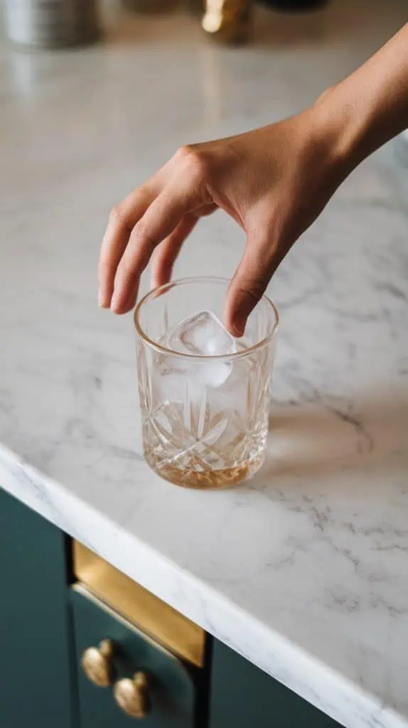 A short cocktail glass filled with ice cubes on a white marble counter with hints of gold