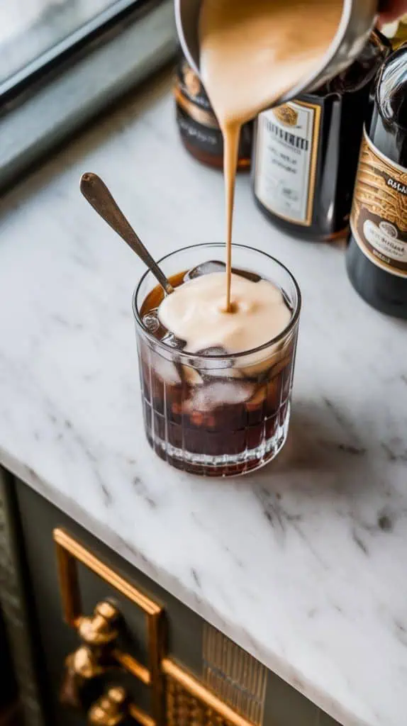 Heavy cream being poured over a spoon into a cocktail glass filled with ice and dark liqueur layers