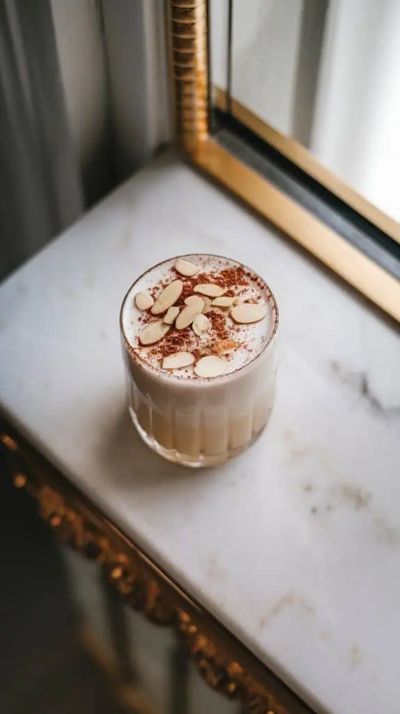  An Almond White Russian topped with slivered almonds and a light sprinkle of cocoa powder