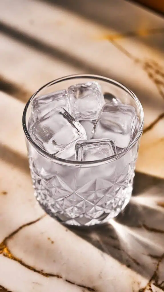 A super close-up shot of a short glass filled with ice cubes