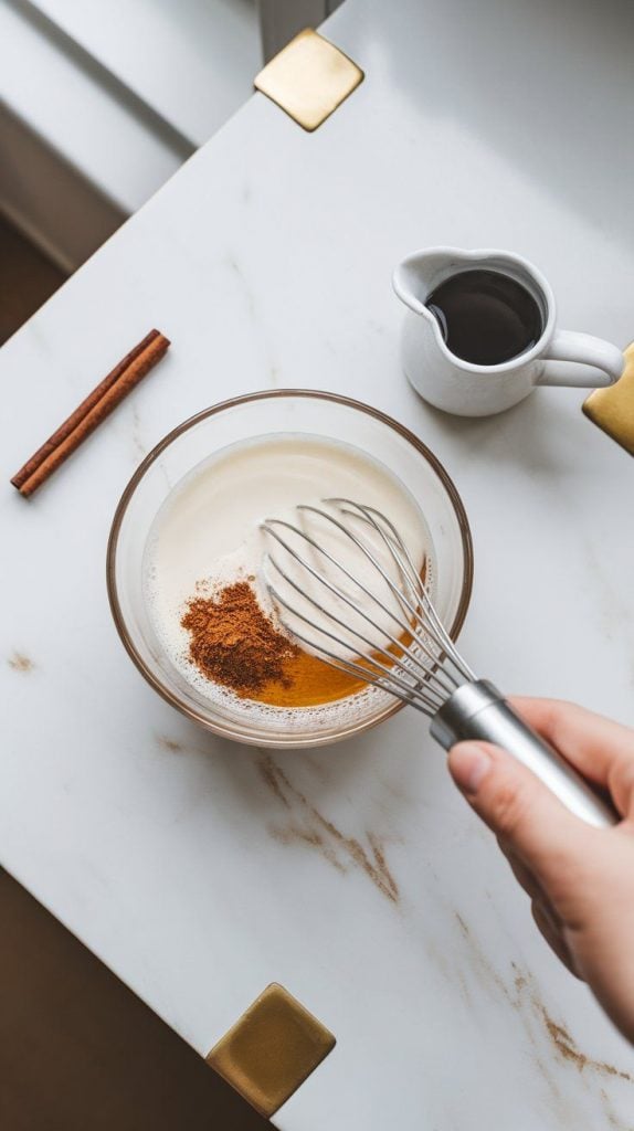 A small bowl with heavy cream, ground cinnamon, vanilla extract, and simple syrup being whisked together