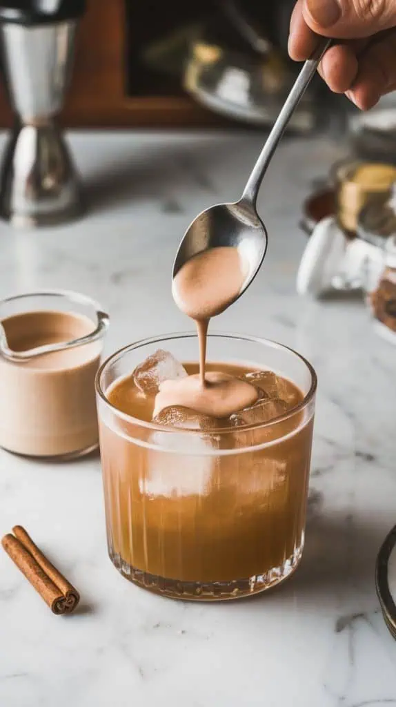 Cinnamon-spiced cream being poured over a spoon into a cocktail glass filled with ice and dark liqueur layers