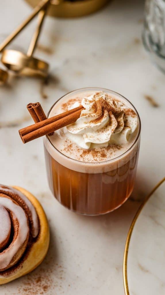 A Cinnamon Roll White Russian topped with whipped cream, a sprinkle of cinnamon sugar, and a cinnamon stick