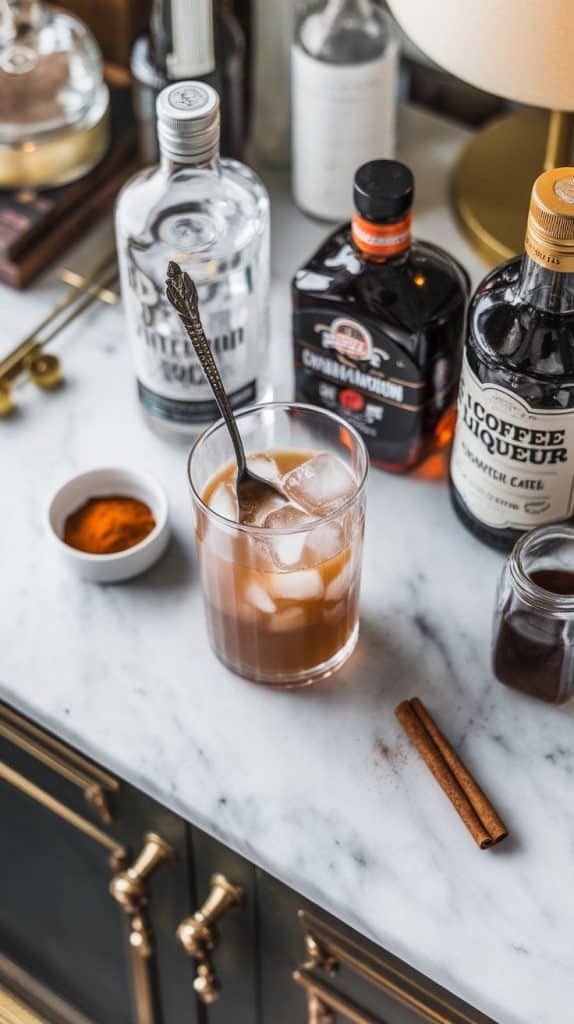 A bar spoon stirring vodka and coffee liqueur in a clear mixing glass