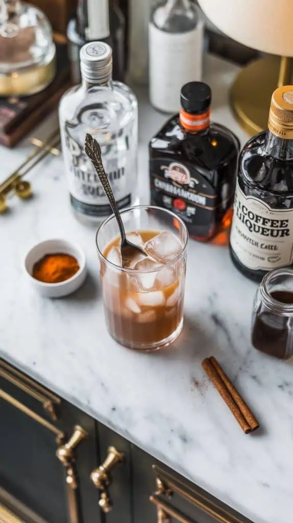 A bar spoon stirring vodka and coffee liqueur in a clear mixing glass