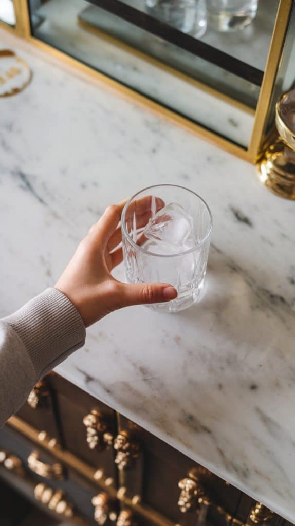 A short cocktail glass filled with ice cubes on a white marble counter with hints of gold.