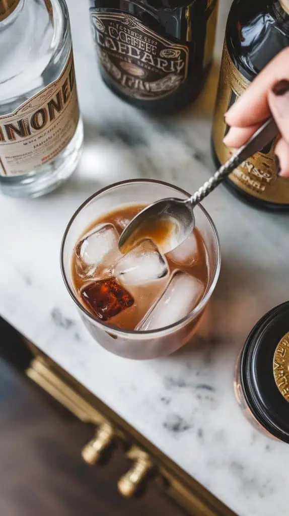 A bar spoon stirring vodka, coffee liqueur, and Irish cream in a clear mixing glass