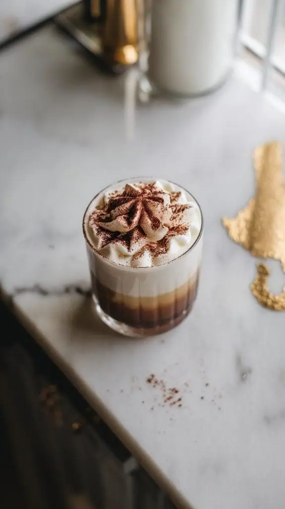 An Irish Cream and Coffee White Russian topped with whipped cream