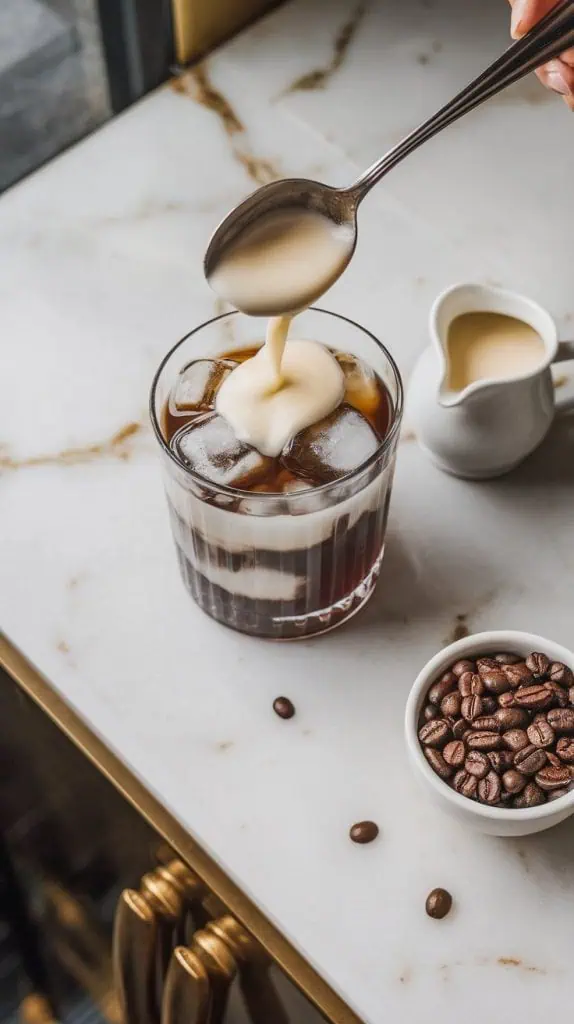 Heavy cream being poured over a spoon into a cocktail glass filled with ice and dark liqueur layers