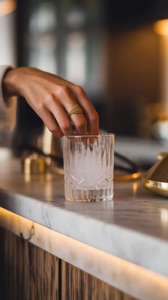 A super close-up shot of a short glass filled with ice cubes, the edges of the glass catching soft