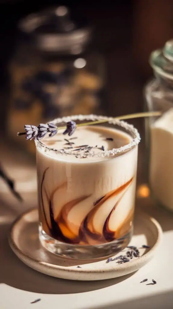 A super close-up shot of a Lavender White Russian topped with a fresh lavender sprig and a light sprinkle of dried lavender buds.