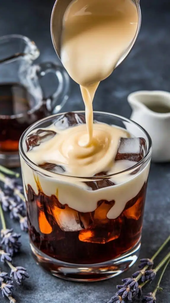 A super close-up shot of heavy cream being poured over a spoon into a glass filled with ice and layered dark liqueur.