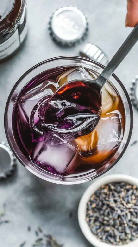A super close-up, top-down shot of a bar spoon stirring vodka, coffee liqueur, and deep purple lavender syrup 