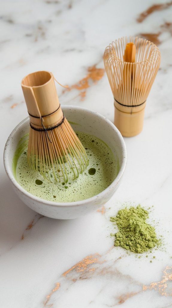 A super close-up shot of matcha cream being whisked in a small bowl, the vibrant green liquid smooth and frothy.