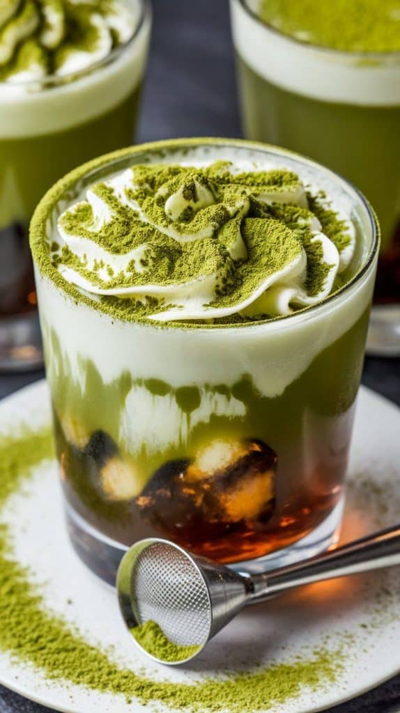 AI Image Generator Prompt: A super close-up shot of a Matcha White Russian topped with a dusting of vibrant green matcha powder, soft cream swirls still visible. The drink sits on a small white plate with a tiny sifter of matcha nearby.