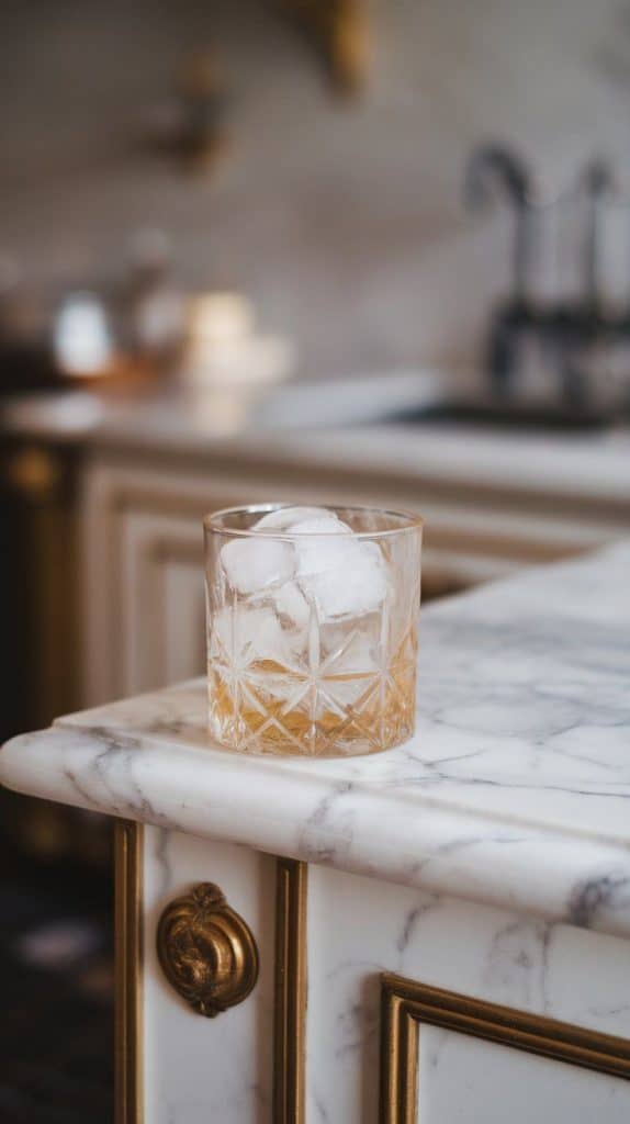 A super close-up shot of a short glass filled with ice cubes