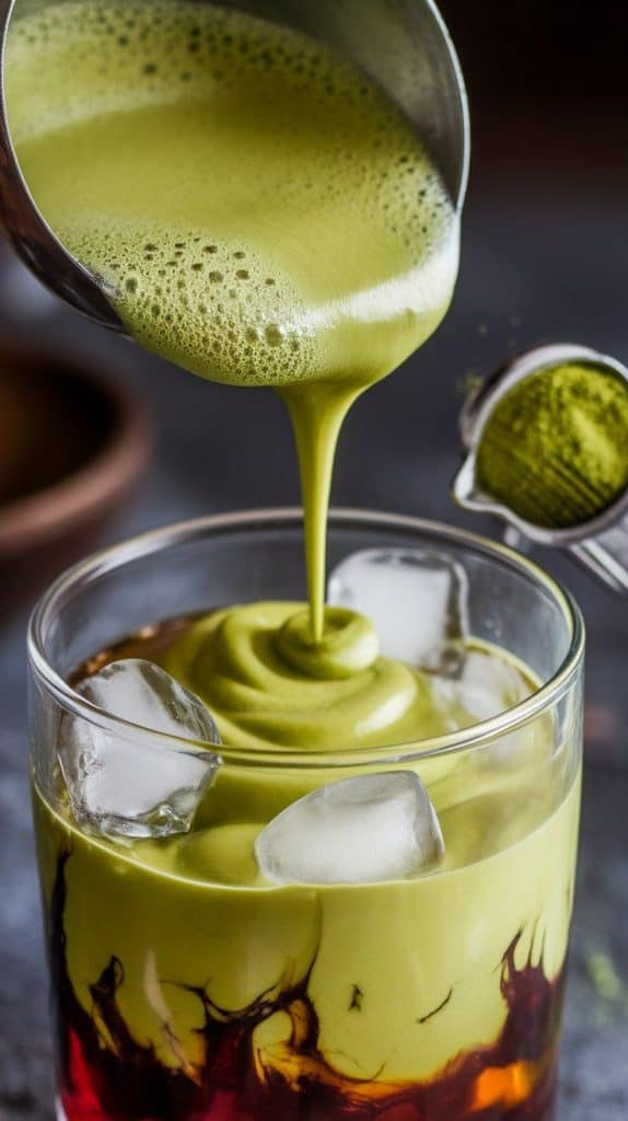 A super close-up shot of matcha cream being poured over a spoon into a glass filled with ice and dark liqueur