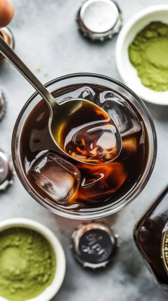 A super close-up, top-down shot of a bar spoon stirring vodka and coffee liqueur in a clear mixing glass