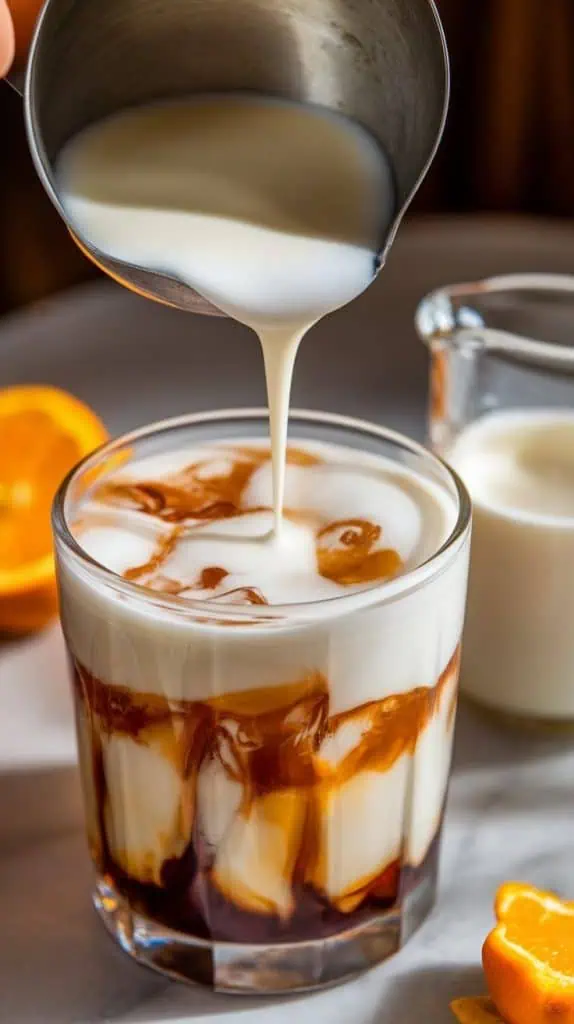 A super close-up shot of heavy cream being poured over a spoon into a cocktail glass