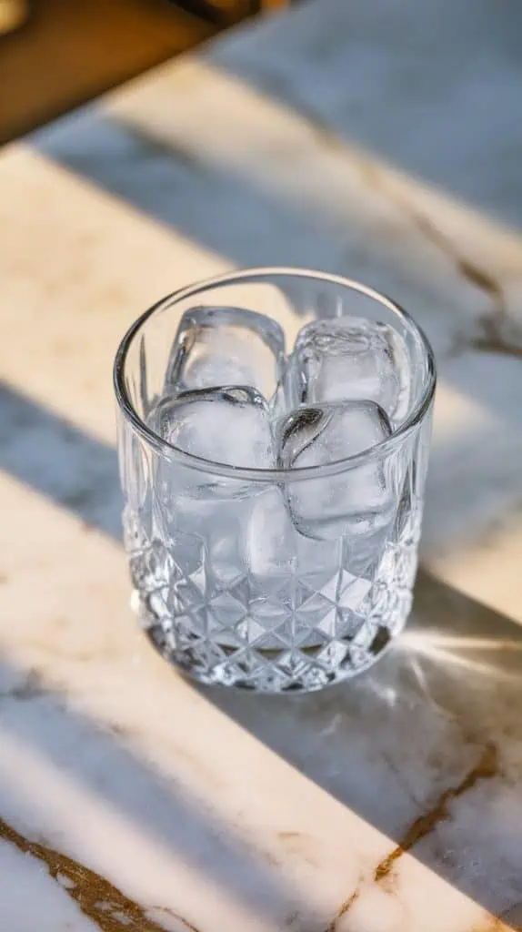 A super close-up shot of a short glass filled with crystal-clear ice cubes, taken from the top down. 