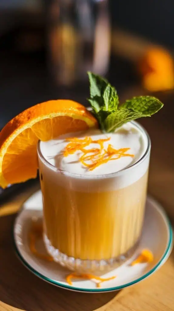 A super close-up shot of an Orange Cream White Russian garnished with a fresh orange slice on the rim