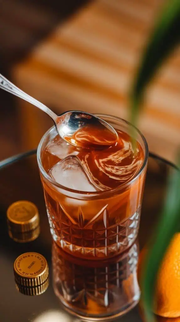 A super close-up, top-down shot of a bar spoon stirring vodka, coffee liqueur, and orange liqueur in a clear mixing glass