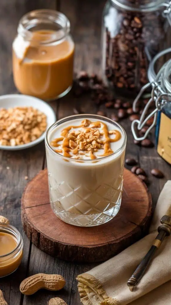 A finished Peanut Butter White Russian in a rocks glass, garnished with a drizzle of peanut butter and crushed peanuts, set on a rustic wooden table with coffee beans and a napkin nearby.