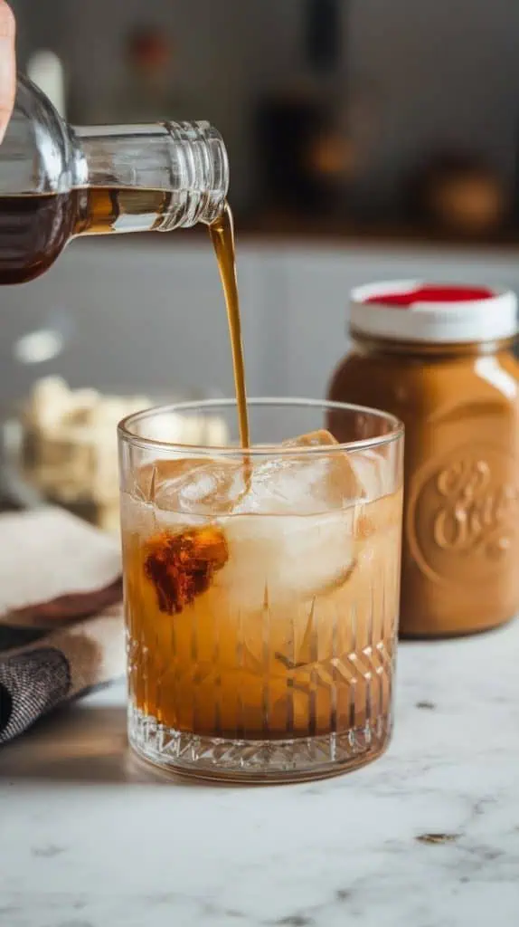 A rocks glass filled with ice as vodka and coffee liqueur are poured in, with a jar of peanut butter and napkin nearby on a white marble counter.