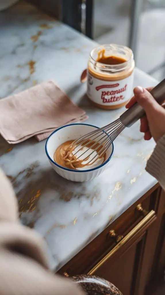 A small bowl of peanut butter and cream being whisked together, with a jar of peanut butter and a napkin nearby on a marble counter with hints of gold.