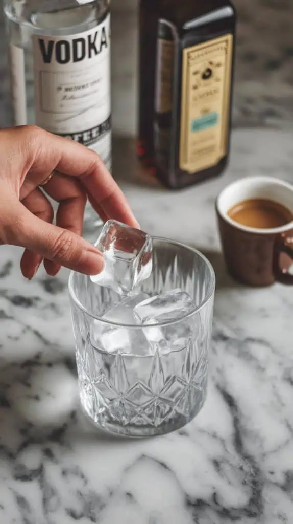 A sleek rocks glass being filled with clear ice cubes, set on a marble counter with bottles of vodka, coffee liqueur, and a jar of peanut butter nearby.