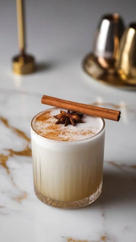 A Spiced Rum White Russian garnished with ground cinnamon, a star anise, and a cinnamon stick resting on the rim