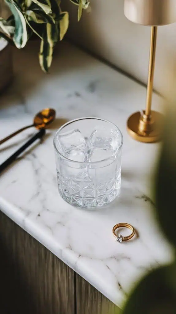 A short cocktail glass filled with crystal-clear ice cubes on a white marble counter with hints of gold. 
