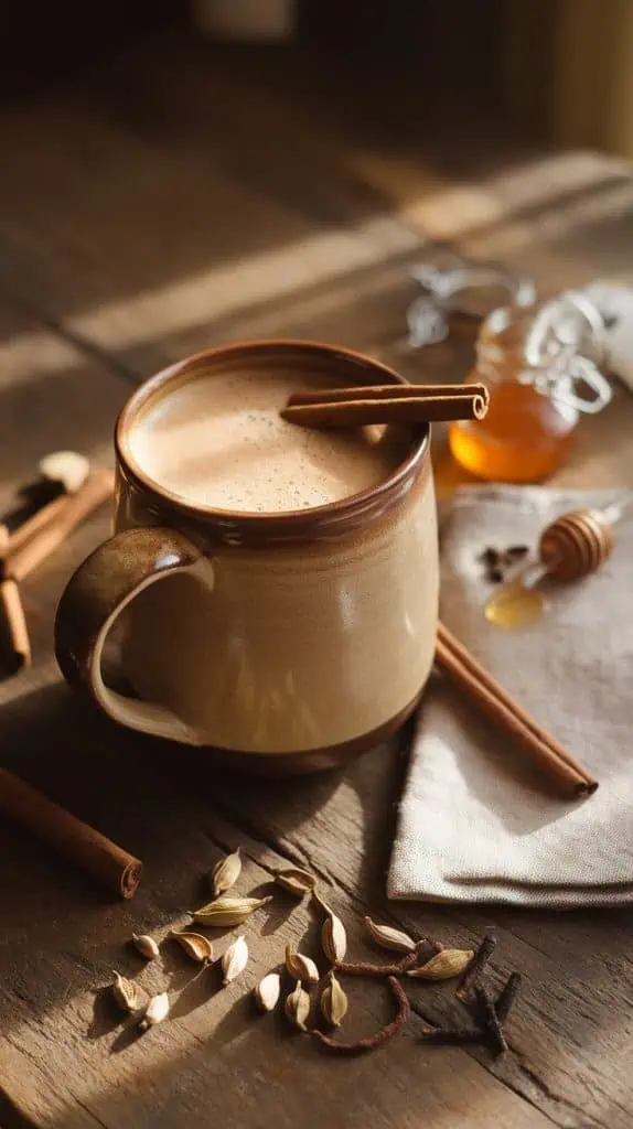 A finished Chai Latte in a ceramic mug, topped with a sprinkle of cinnamon and garnished with a cinnamon stick, with scattered chai spices nearby. 