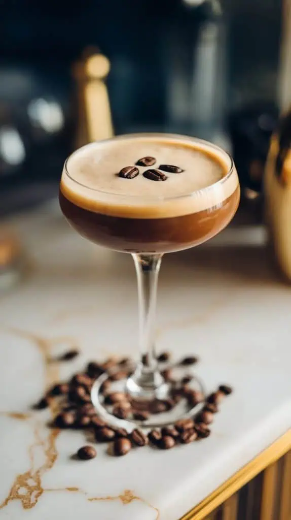 A cold brew martini in a martini glass, garnished with three coffee beans perfectly placed on the creamy frothy top. 