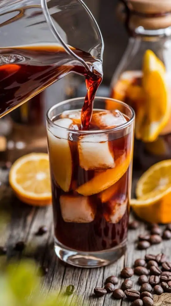 A tall glass being filled with Coffee Sangria poured from a glass pitcher, with ice cubes and fruit slices visible in the drink.