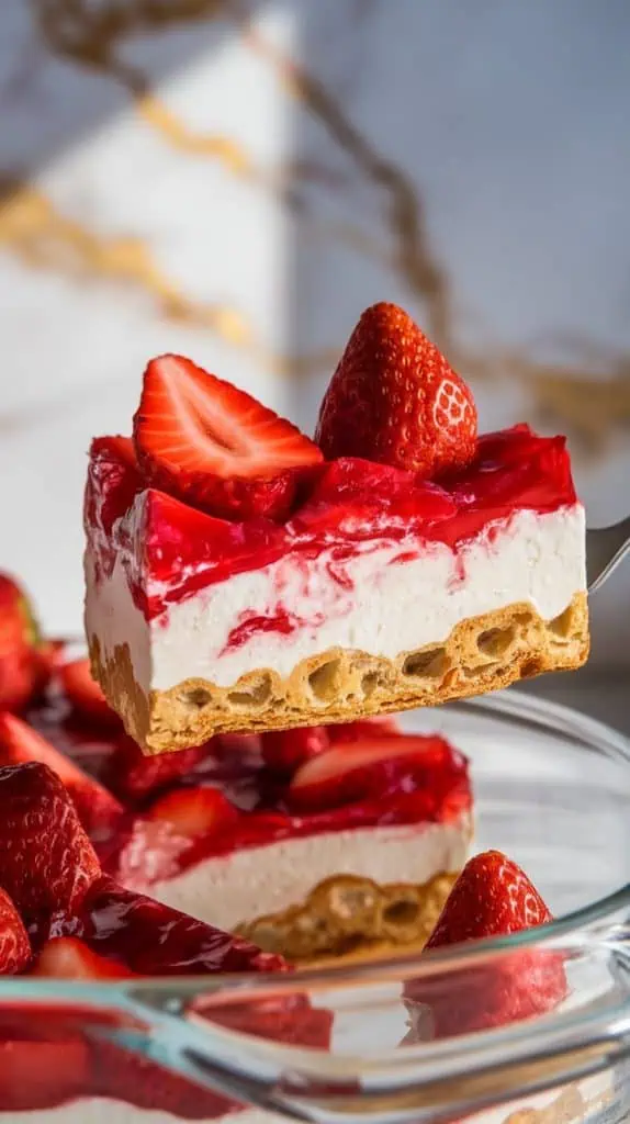 Close-up of a slice of Strawberry Pretzel Salad being lifted from a rectangular glass baking dish, showing the golden pretzel crust, creamy white center, and vibrant red Jello with fresh strawberries