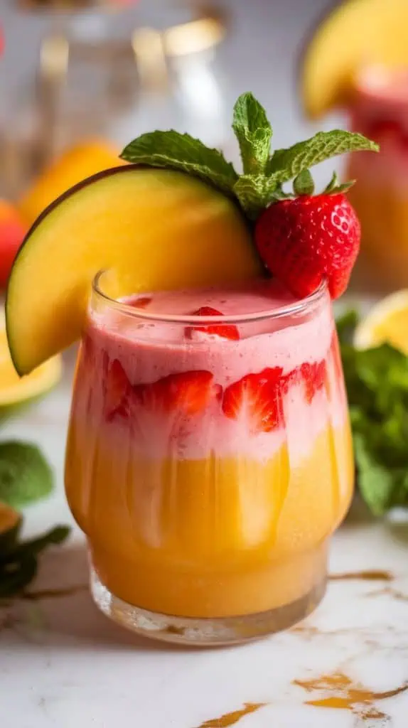 Close-up of a vibrant Mango Strawberry Daiquiri in a clear glass, showcasing the layered golden mango base and bright pink strawberry top