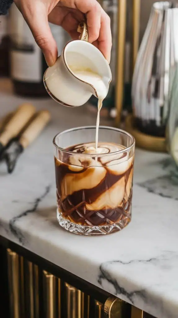 A hand pouring heavy cream from a small pitcher into a rocks glass filled with hazelnut and coffee liqueurs, creating soft swirls in the drink.